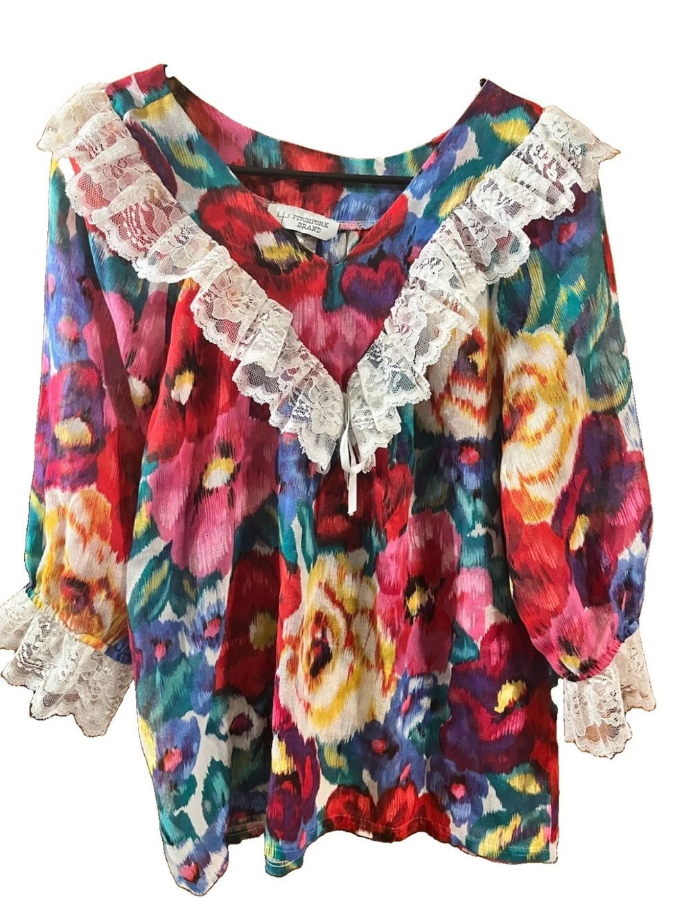 Vtg Pitchfork M Blouse 80s Mesh Floral Lace Square Dance Victorian Peasant USA